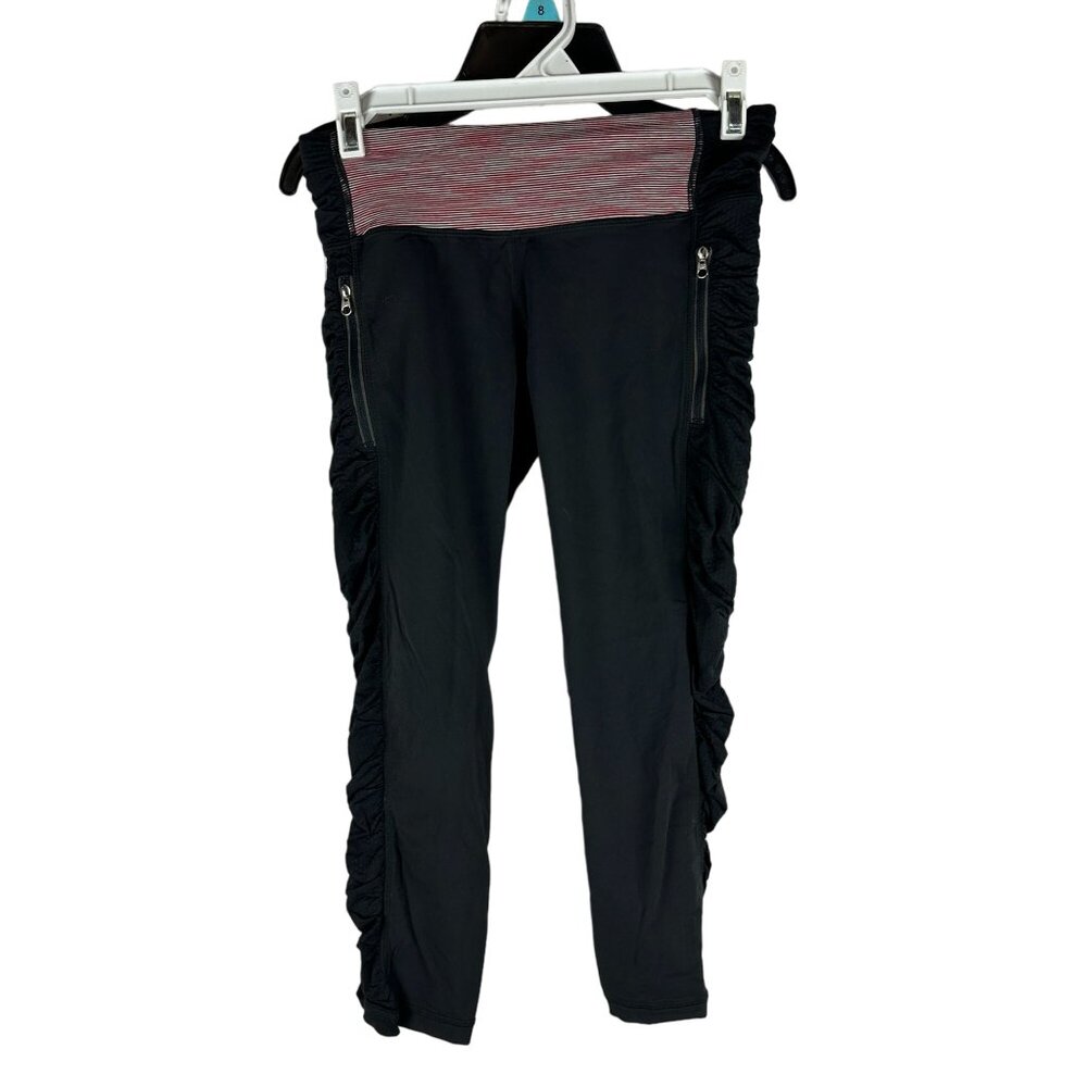 Lululemon Womens Zip Pocket Ruffle Leggings Size 4 Black & Red